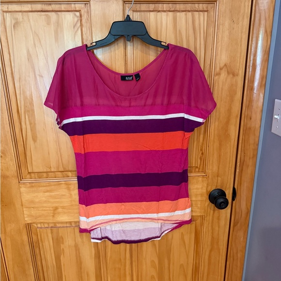 a.n.a Women's Pink and Orange Striped Short Sleeve Tee - Picture 1 of 5